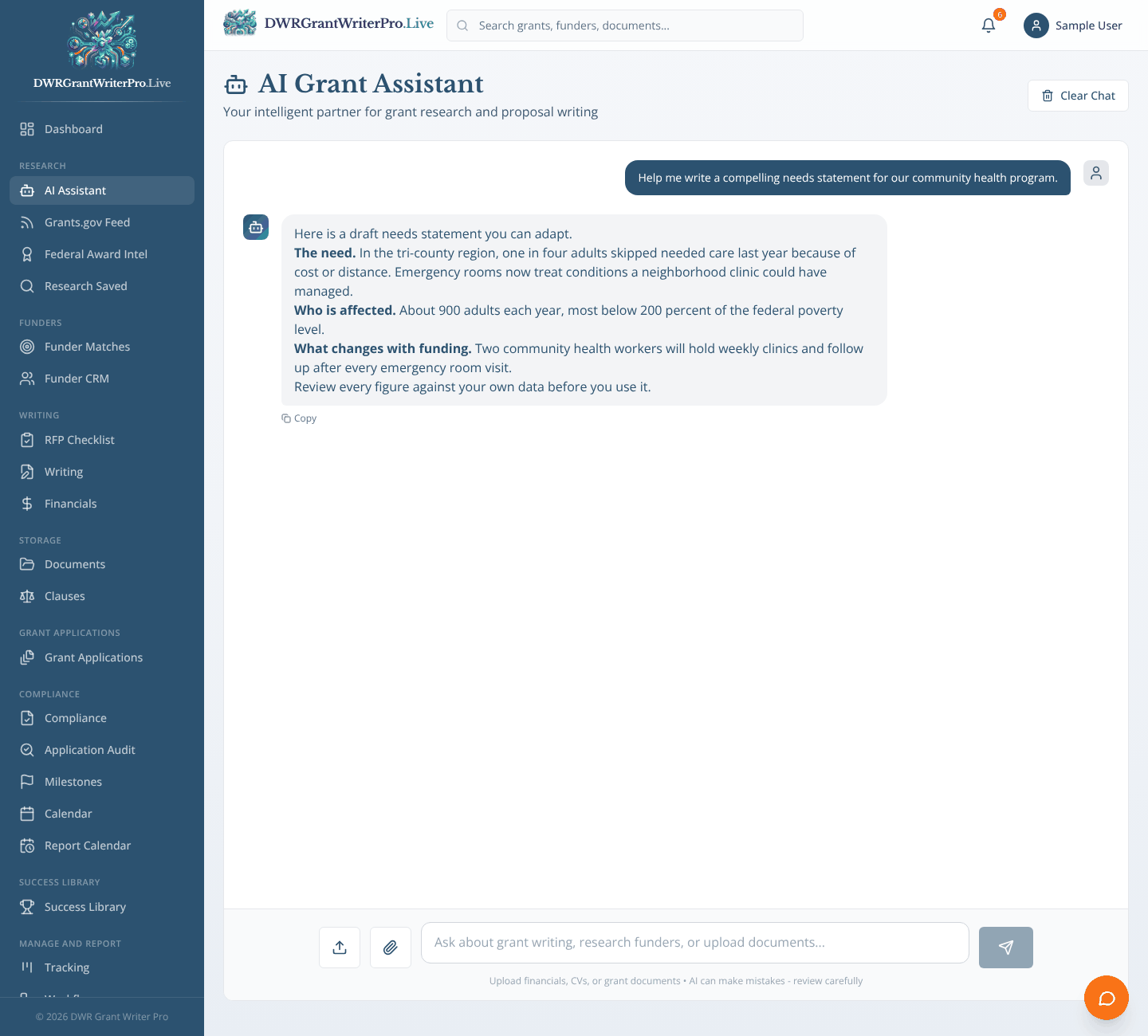 AI Assistant as it looks when open in DWR Grant Writer Pro, shown with sample data