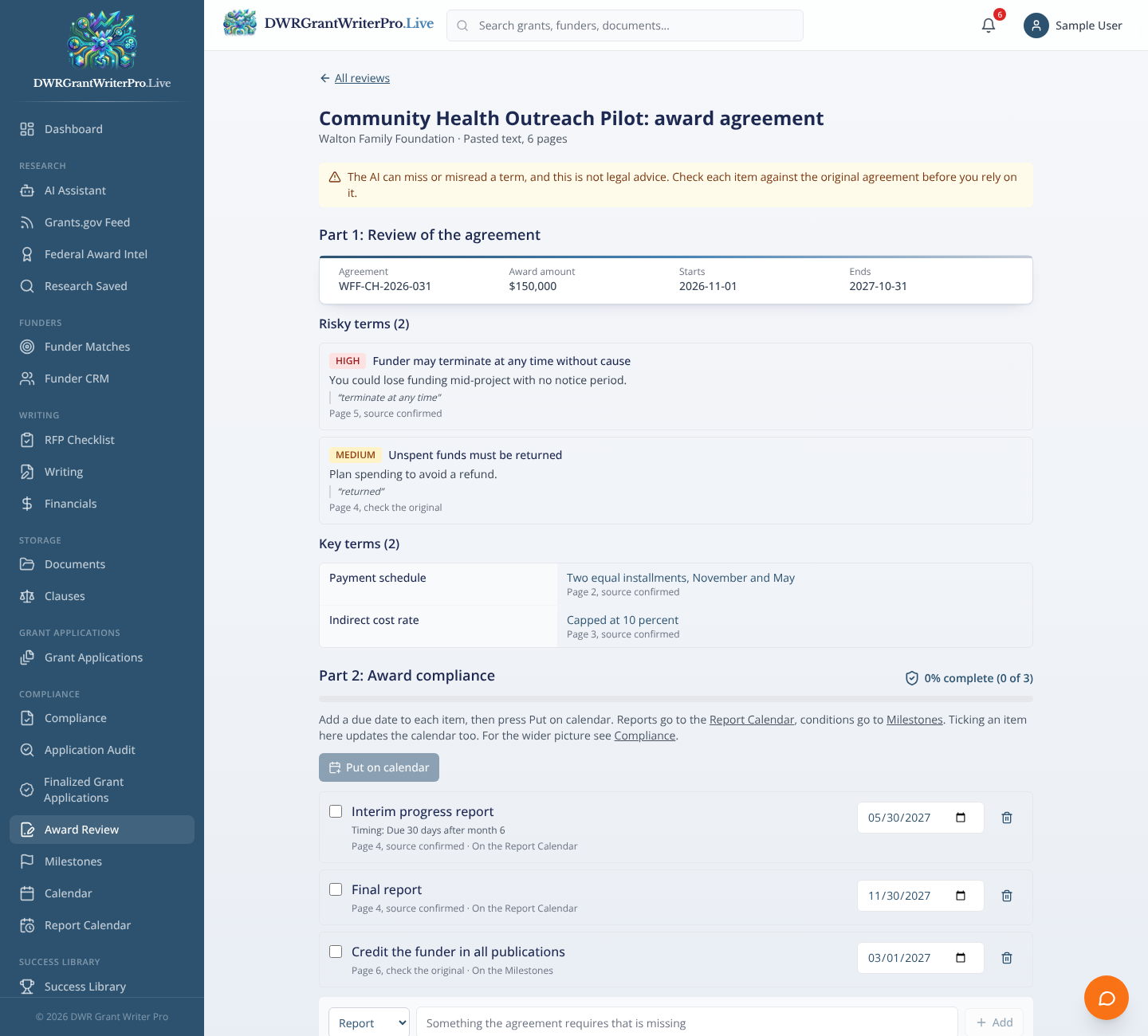 Award Review as it looks when open in DWR Grant Writer Pro, shown with sample data