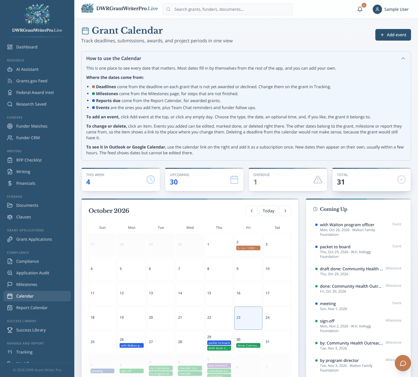 Calendar as it looks when open in DWR Grant Writer Pro, shown with sample data