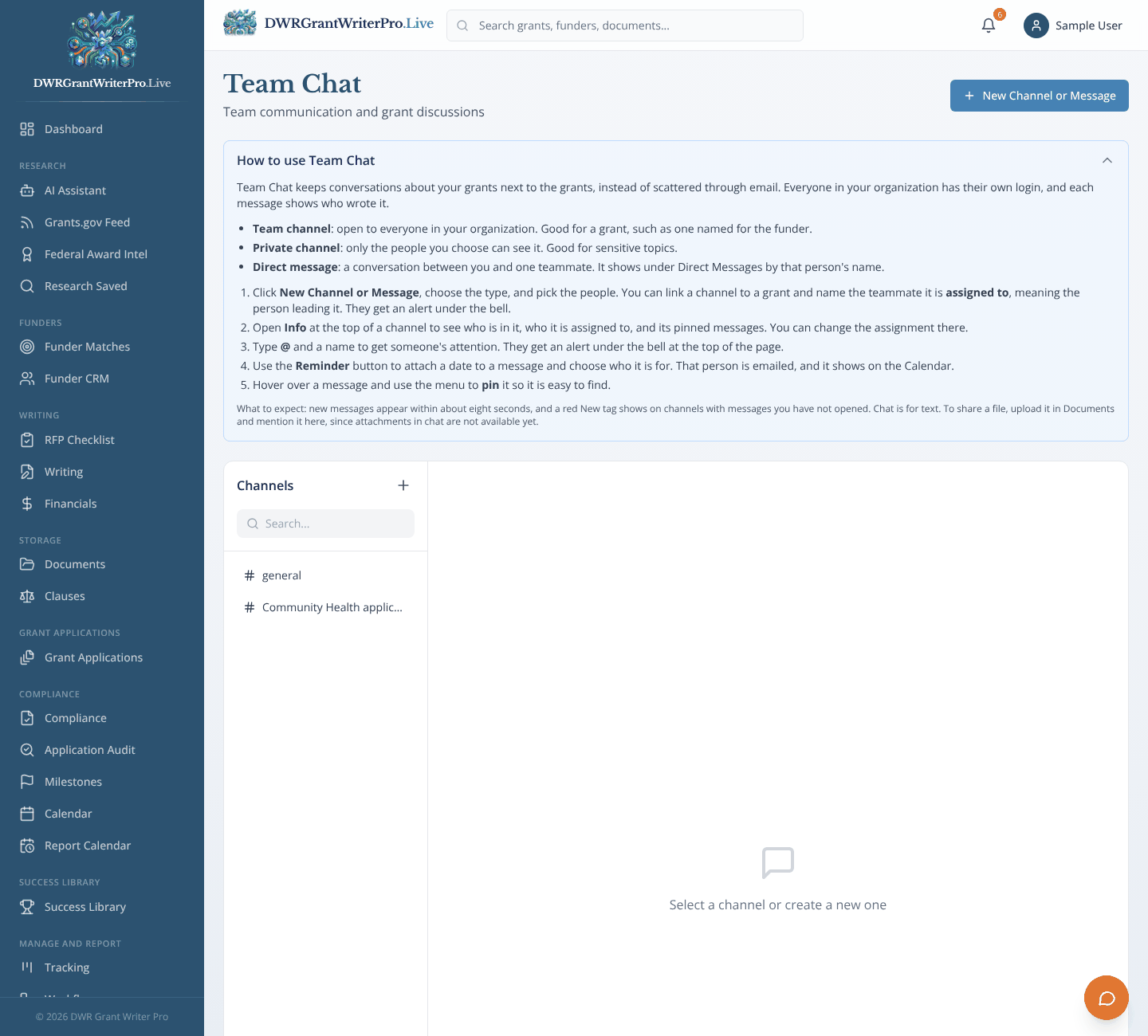 Chat as it looks when open in DWR Grant Writer Pro, shown with sample data