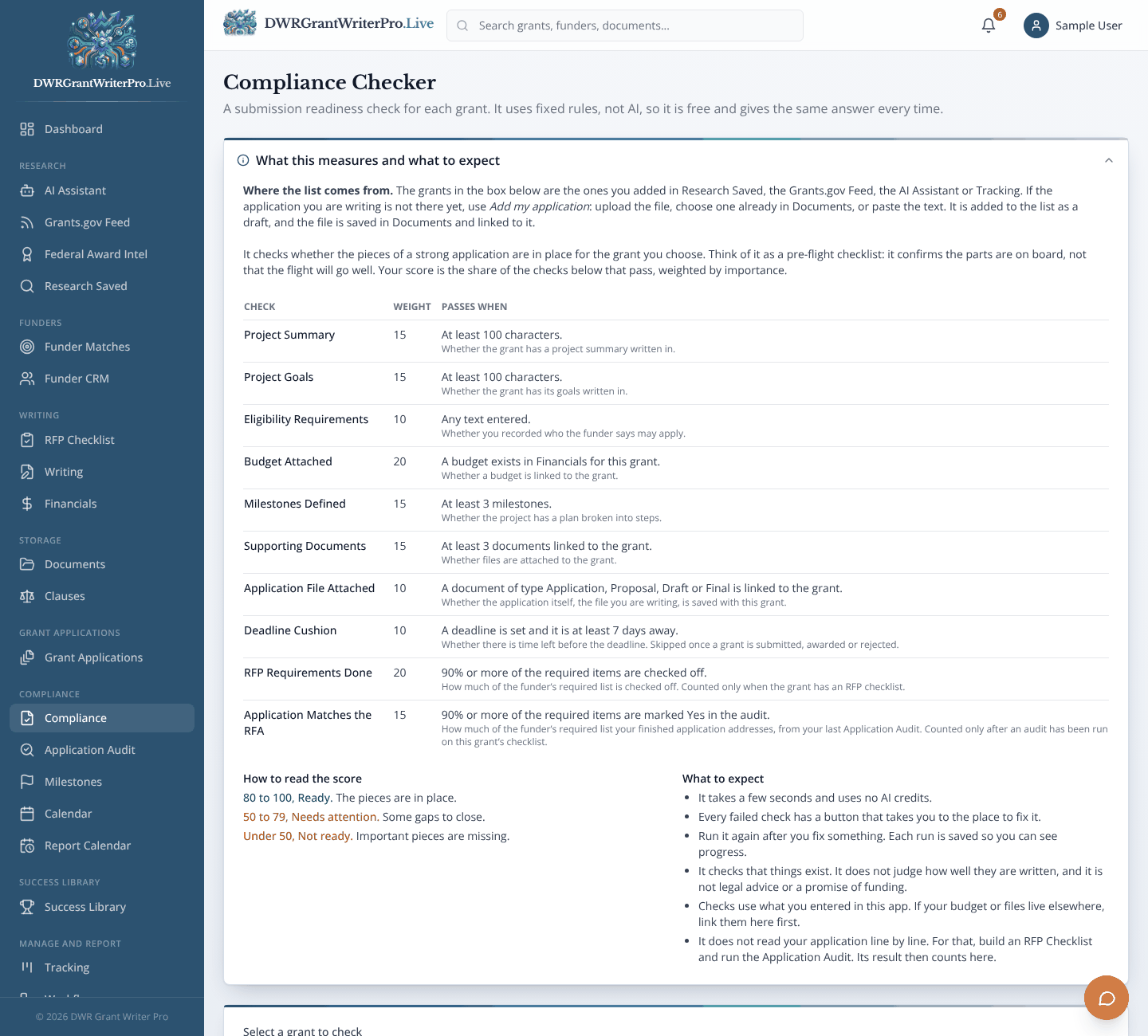 Compliance as it looks when open in DWR Grant Writer Pro, shown with sample data