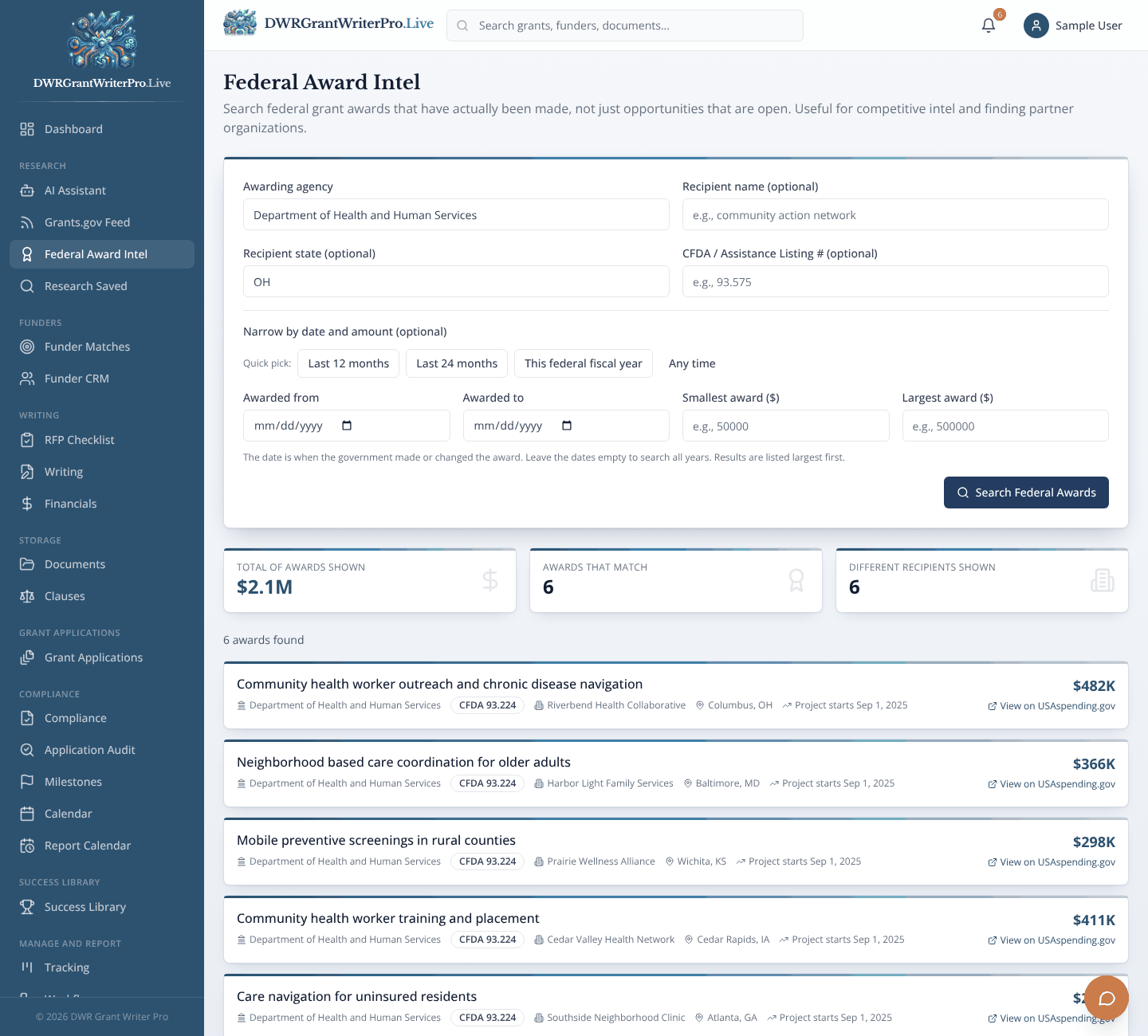 Federal Award Intel as it looks when open in DWR Grant Writer Pro, shown with sample data