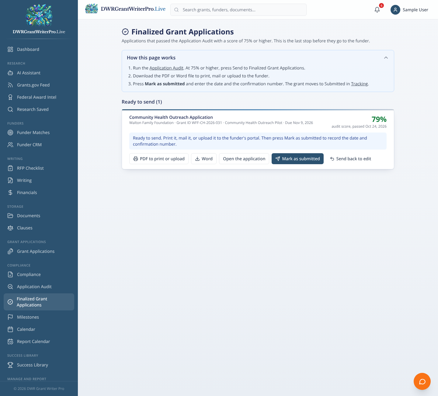 Finalized Grant Applications as it looks when open in DWR Grant Writer Pro, shown with sample data