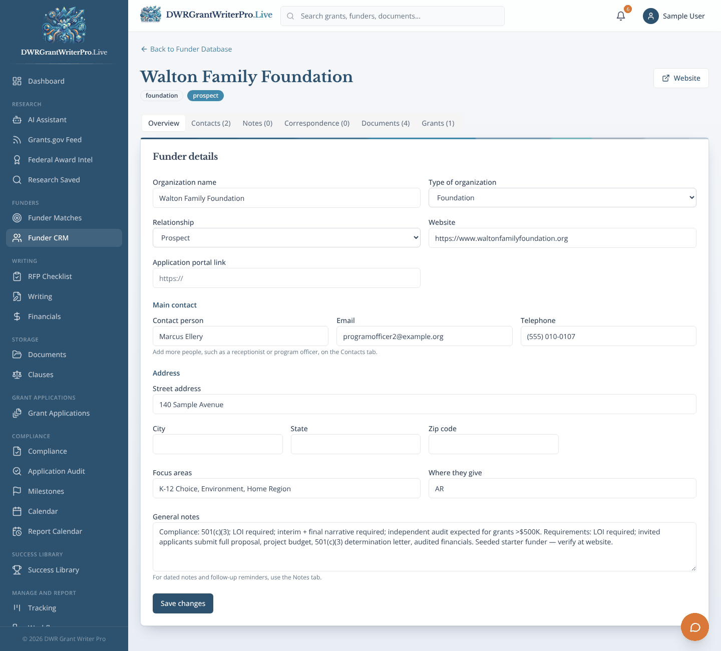Funder CRM as it looks when open in DWR Grant Writer Pro, shown with sample data