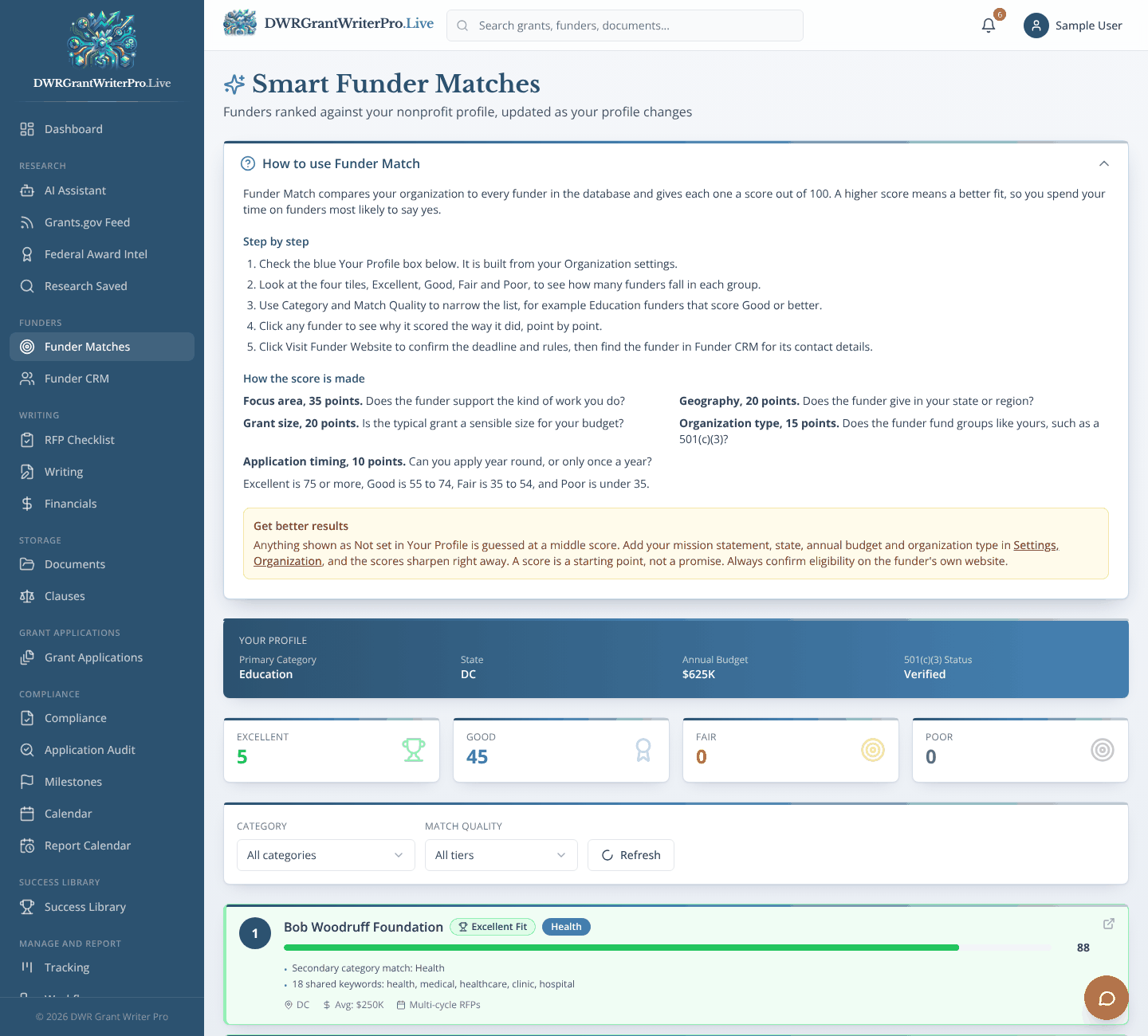 Funder Matches as it looks when open in DWR Grant Writer Pro, shown with sample data
