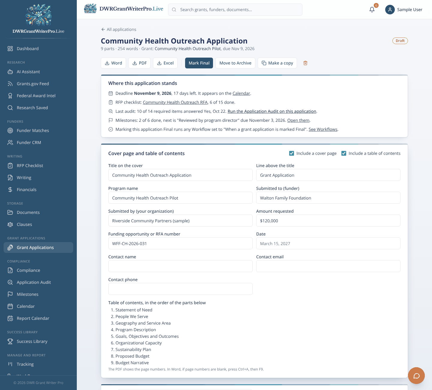 Grant Applications as it looks when open in DWR Grant Writer Pro, shown with sample data
