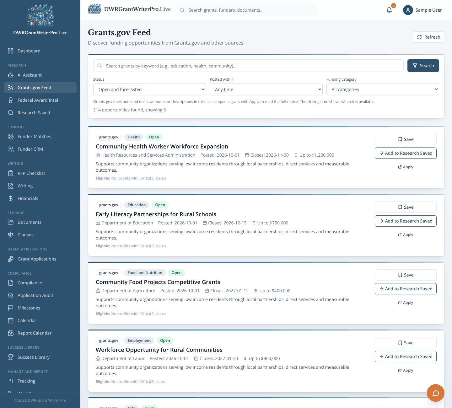 Grants.gov Feed as it looks when open in DWR Grant Writer Pro, shown with sample data