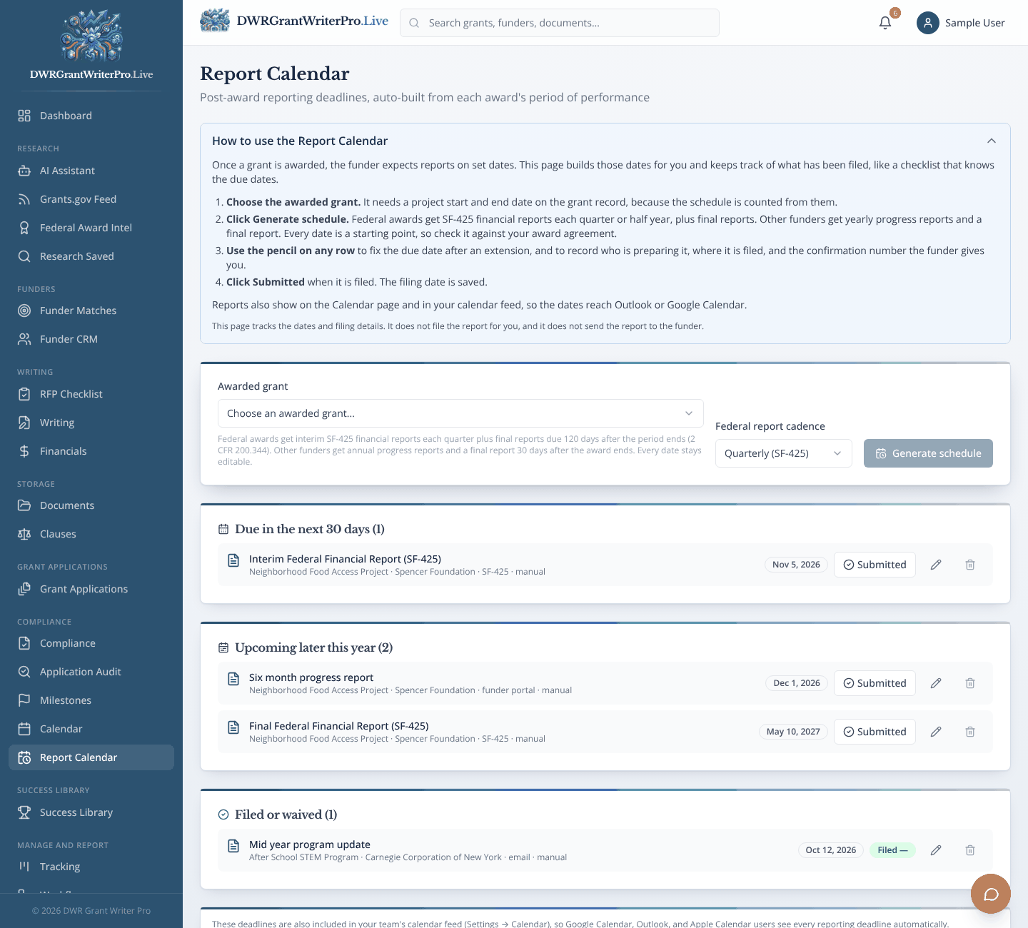 Report Calendar as it looks when open in DWR Grant Writer Pro, shown with sample data