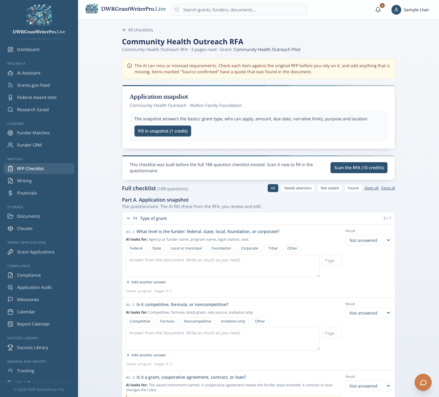 RFP Checklist as it looks when open in DWR Grant Writer Pro, shown with sample data