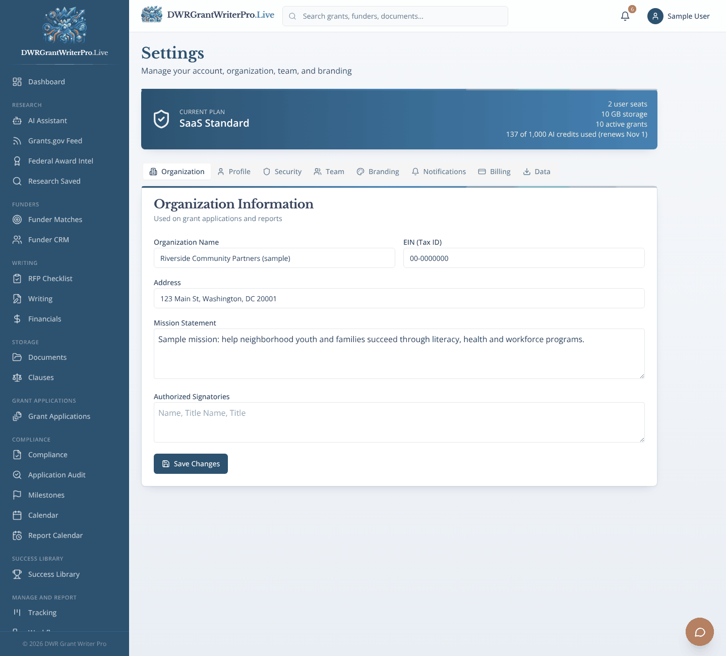 Settings as it looks when open in DWR Grant Writer Pro, shown with sample data