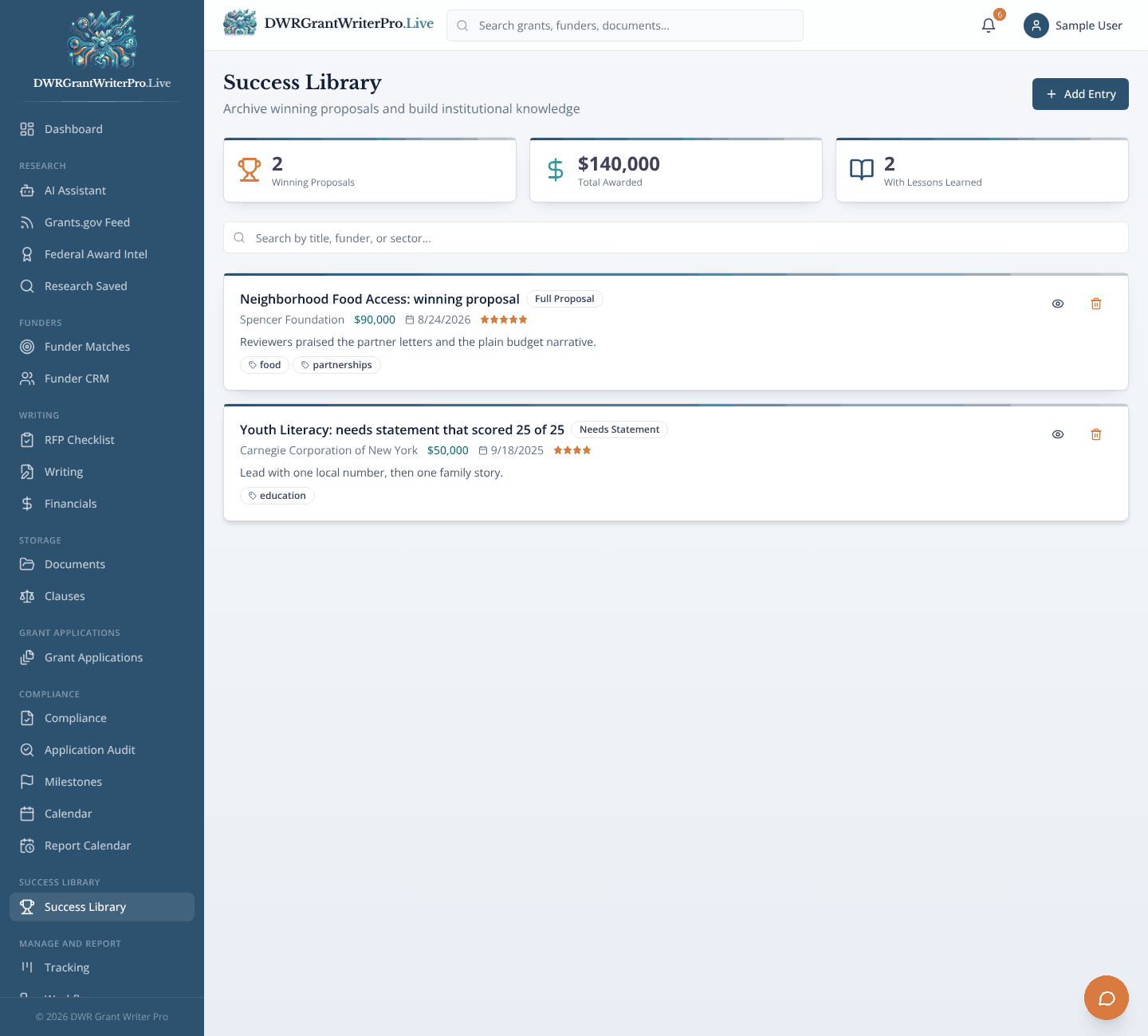 Success Library as it looks when open in DWR Grant Writer Pro, shown with sample data