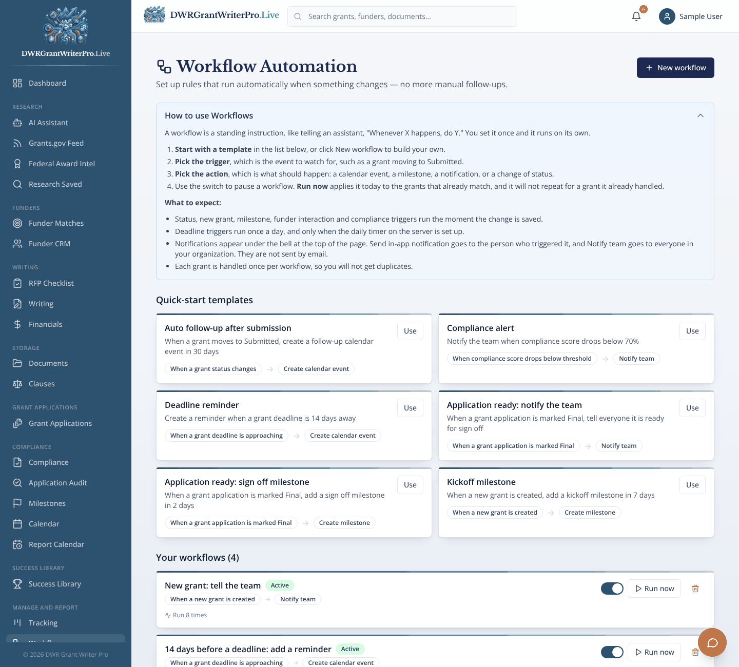 Workflows as it looks when open in DWR Grant Writer Pro, shown with sample data
