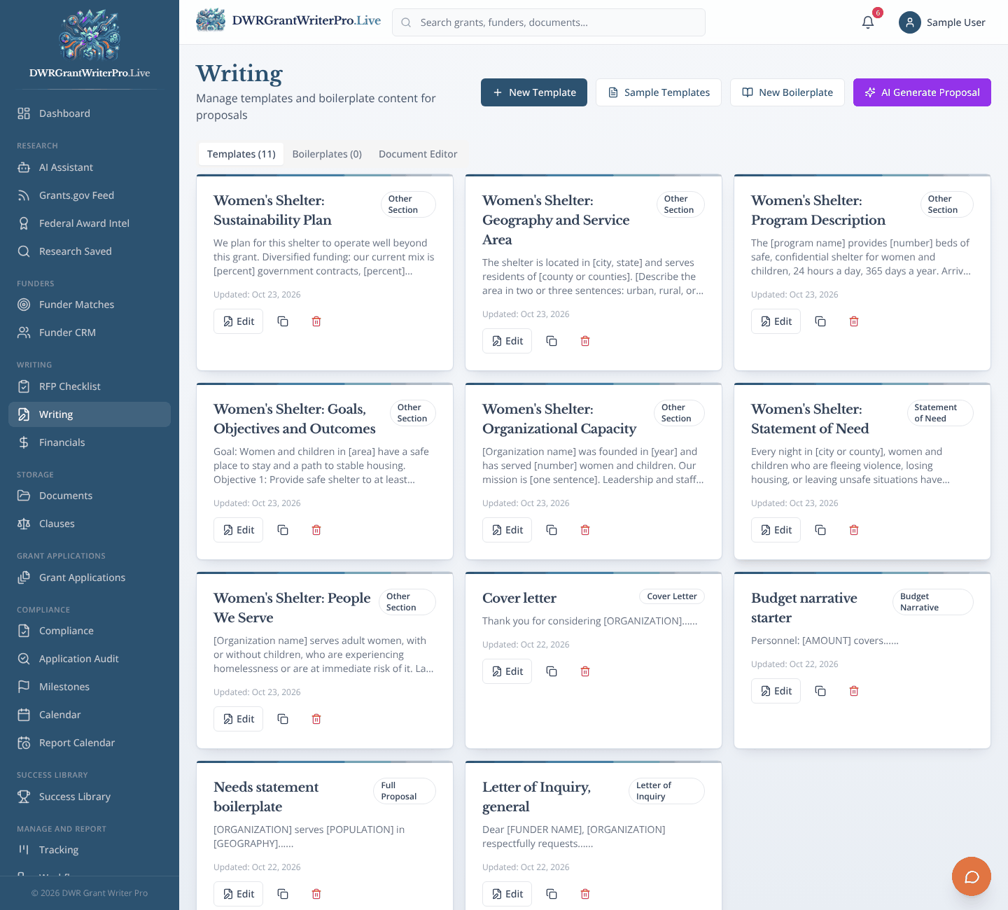 Writing as it looks when open in DWR Grant Writer Pro, shown with sample data