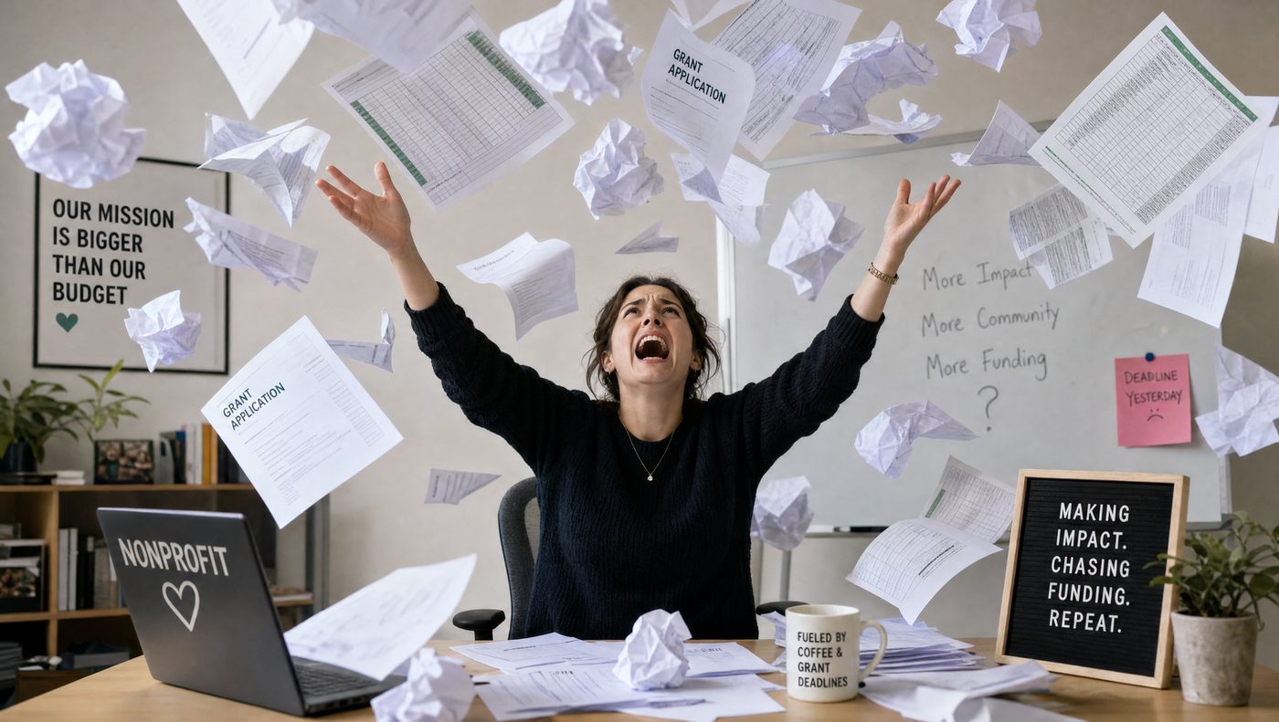 Overwhelmed nonprofit grant writer surrounded by flying paperwork