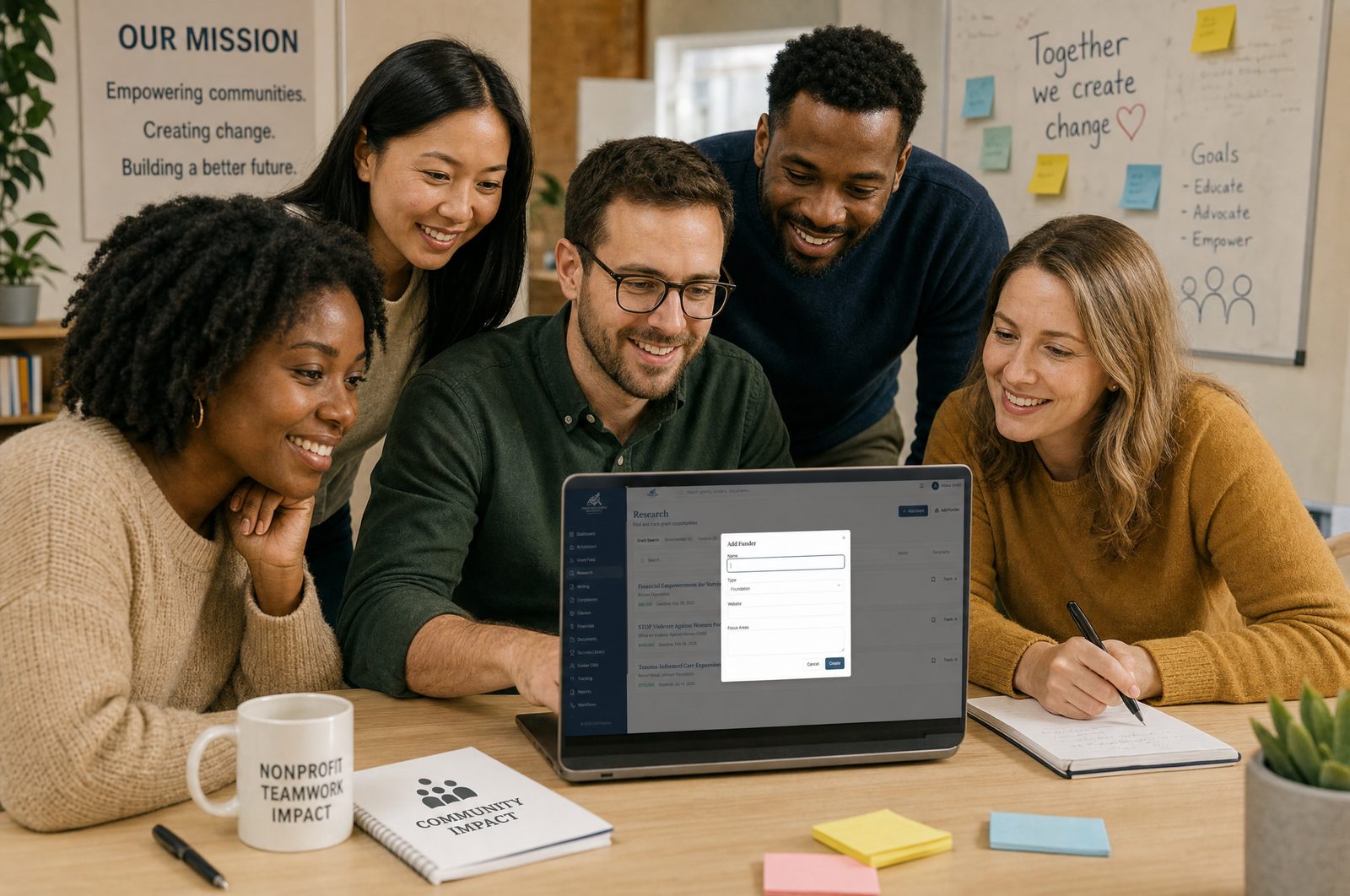 Nonprofit team collaborating on grant research at a shared laptop